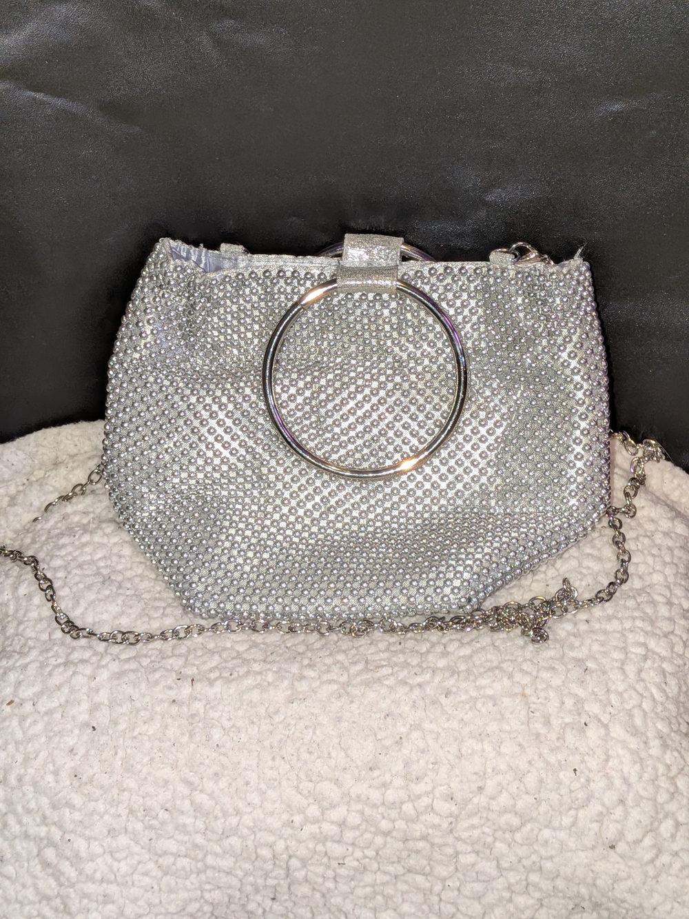Jessica McClintock Silver Rhinestone Ring-Handle Clutch with Chain